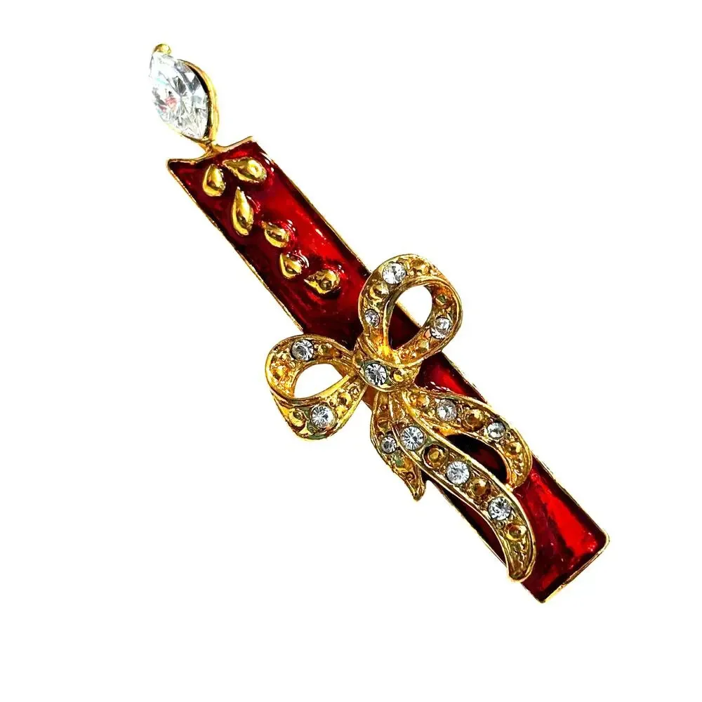 Christmas Brooch festive holiday candle gold & red enamel & clear rhinestones